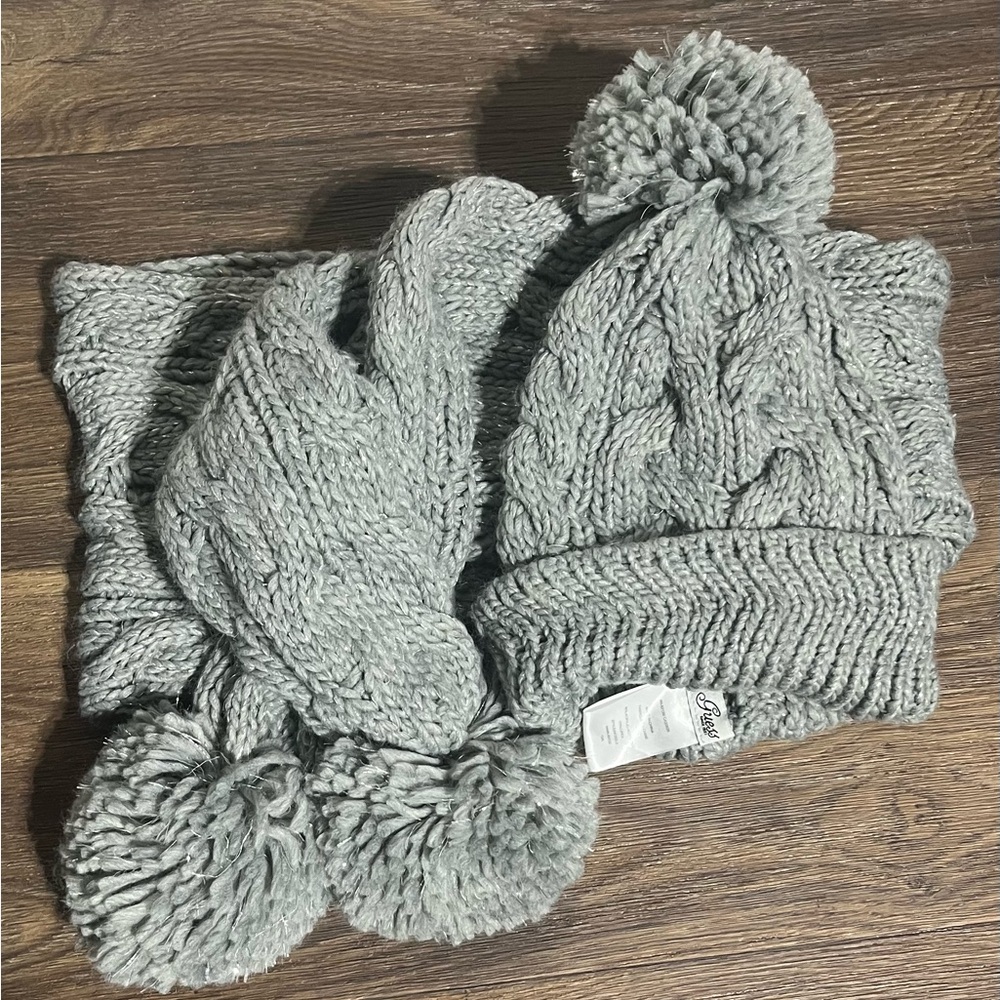 Preloved-GUESS Knit Hat and Scarf, Long Scarf with Pompons, Knit Hat with Pompom
